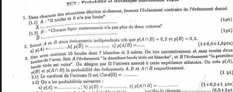 ec2 : probabilité et statistique inférentielle 10pts 1. dans chacune de…