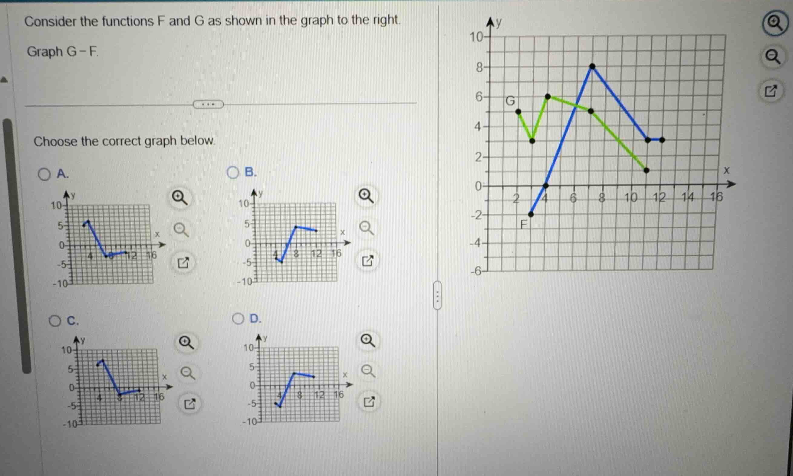 consider the functions f and g as shown in the graph to the right. grap…