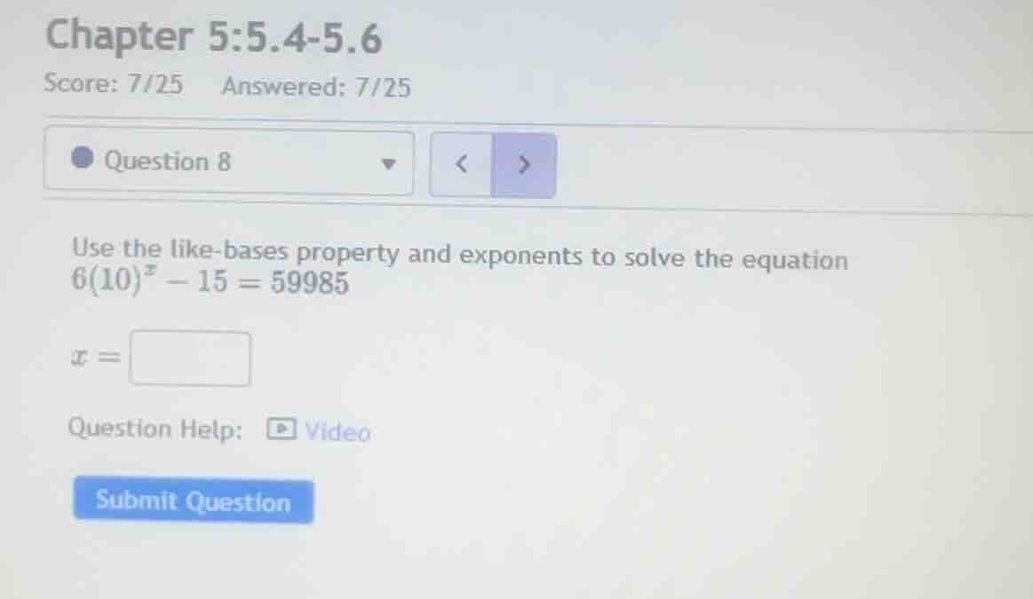 use the like-bases property and exponents to solve the equation \\6(10)…