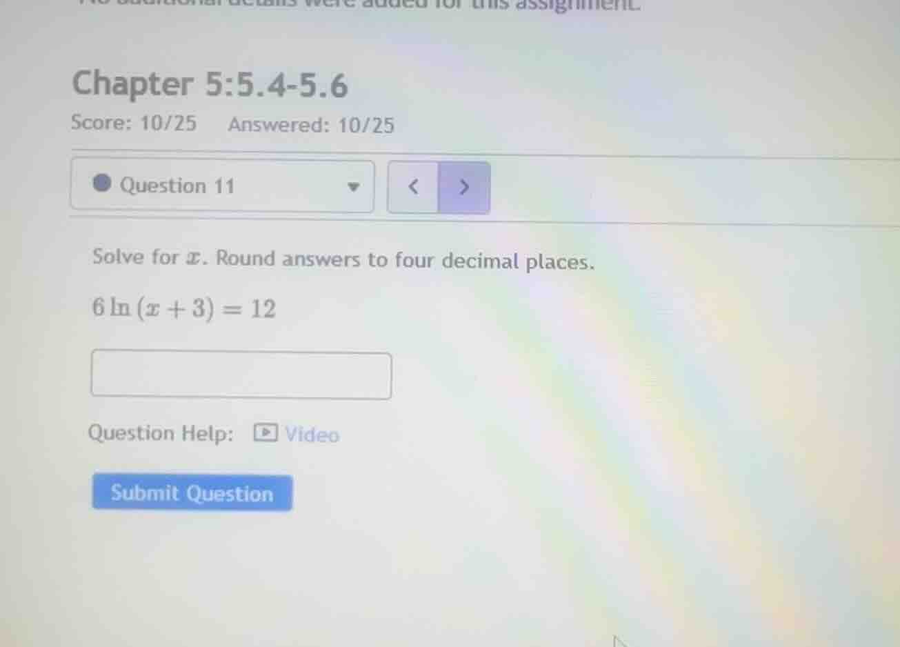 solve for \\(x\\). round answers to four decimal places. \\6 \\ln(x + 3…