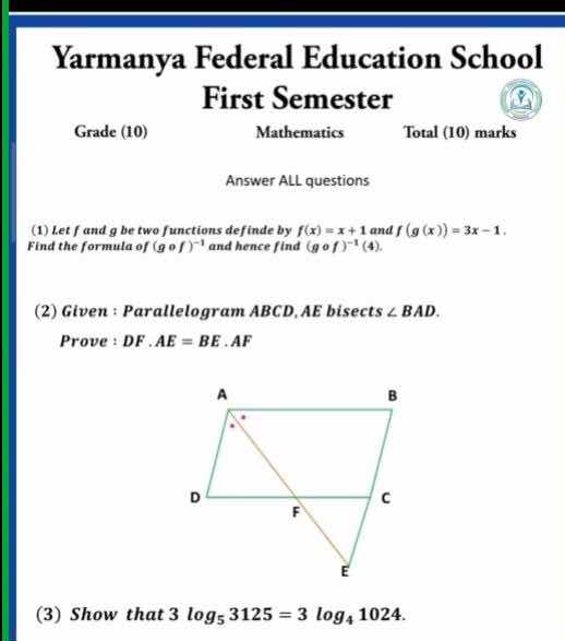 yarmanya federal education school first semester grade (10) mathematics…