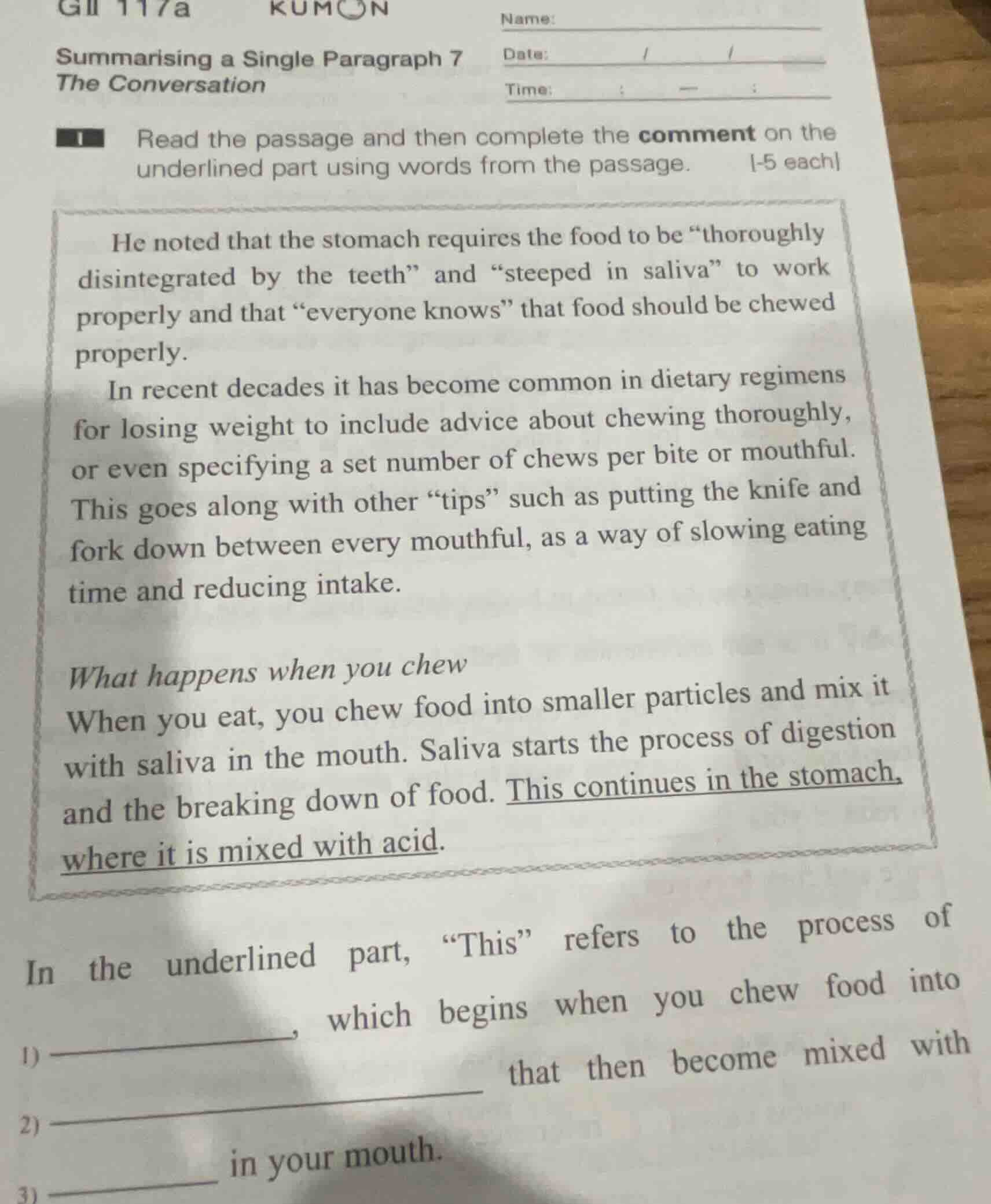 gii 117a kumon name: summarising a single paragraph 7 date: the convers…