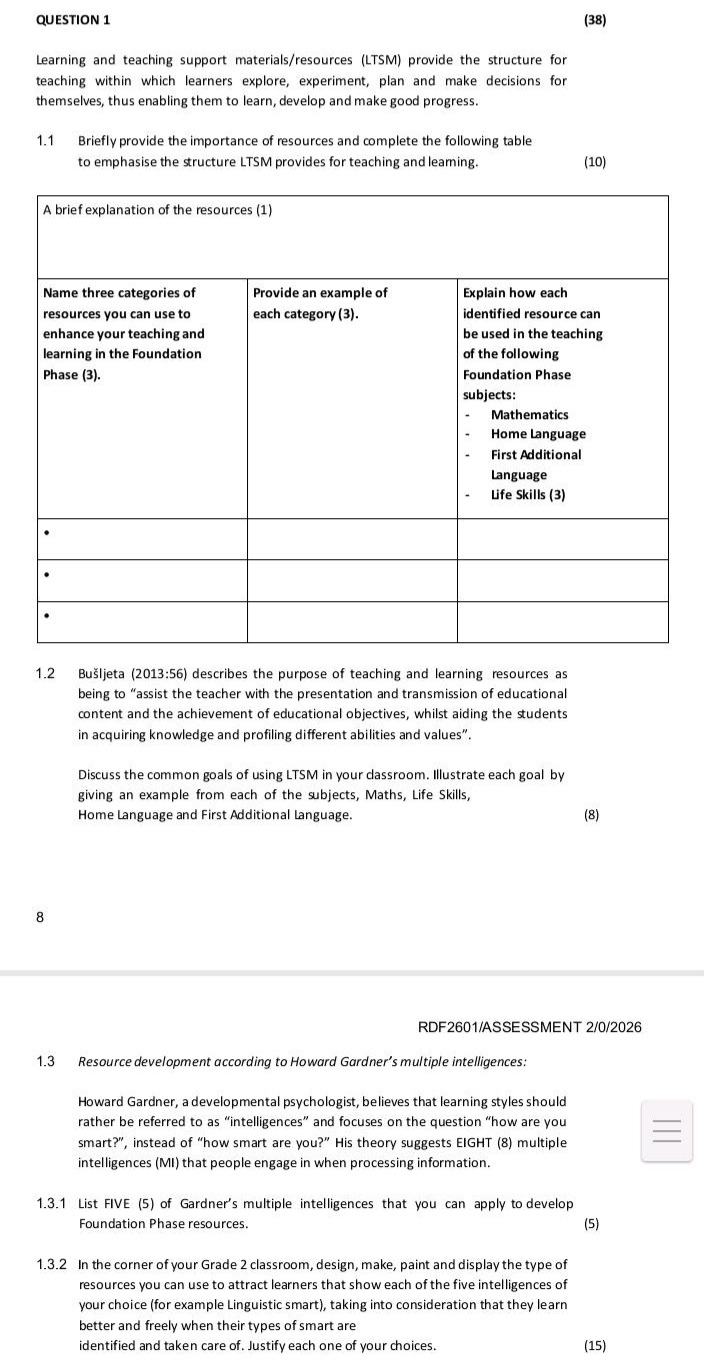 question 1 (38) learning and teaching support materials/resources (ltsm…