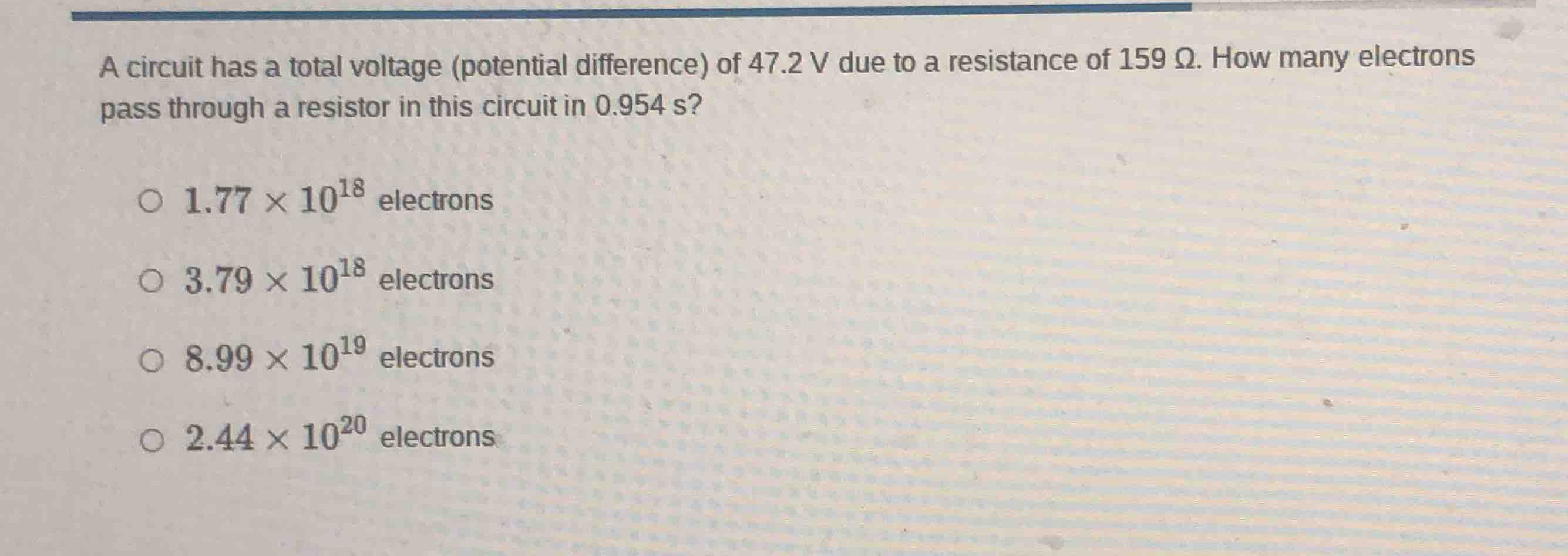 a circuit has a total voltage (potential difference) of 47.2 v due to a…