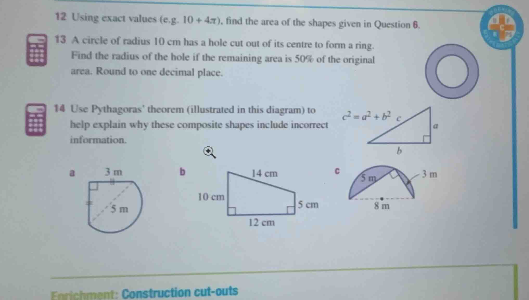 12 using exact values (e.g. \\(10 + 4\\pi\\)), find the area of the sha…