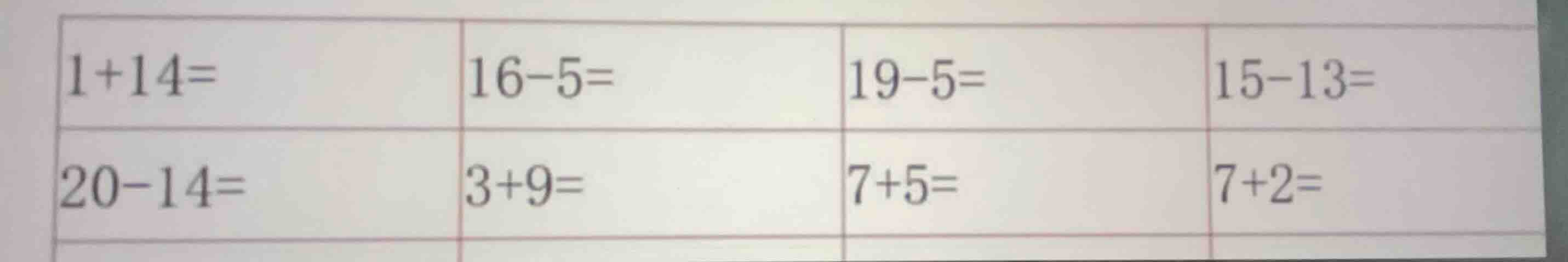 \\ \\begin{array}{|l|l|l|l|} \\hline 1+14= & 16-5= & 19-5= & 15-13= \\\…