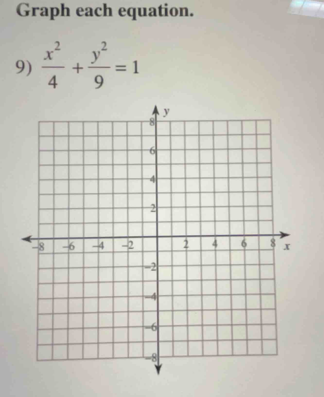 graph each equation. 9) \\frac{x^2}{4} + \\frac{y^2}{9} = 1