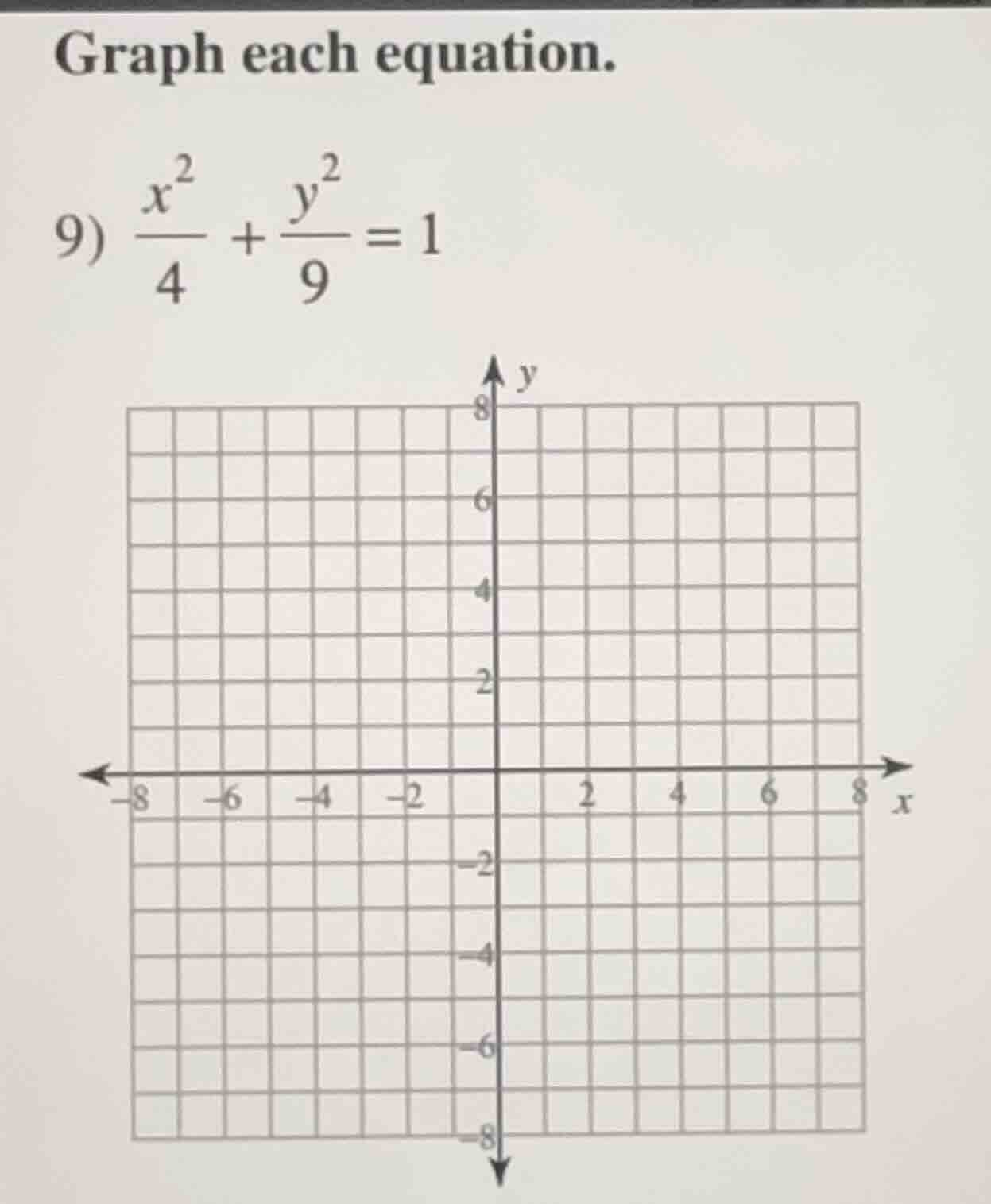 graph each equation. 9) \\frac{x^2}{4} + \\frac{y^2}{9} = 1
