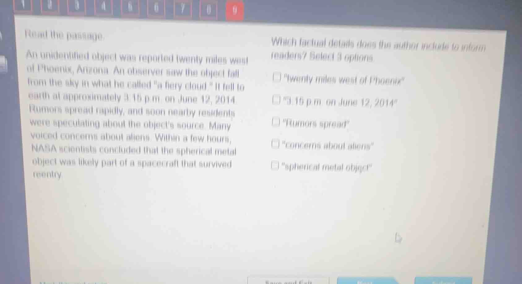 read the passage. an unidentified object was reported twenty miles west…