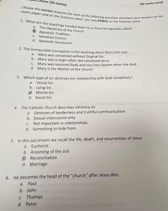 multiple choice (20 marks) (30 marks total) choose the correct response…