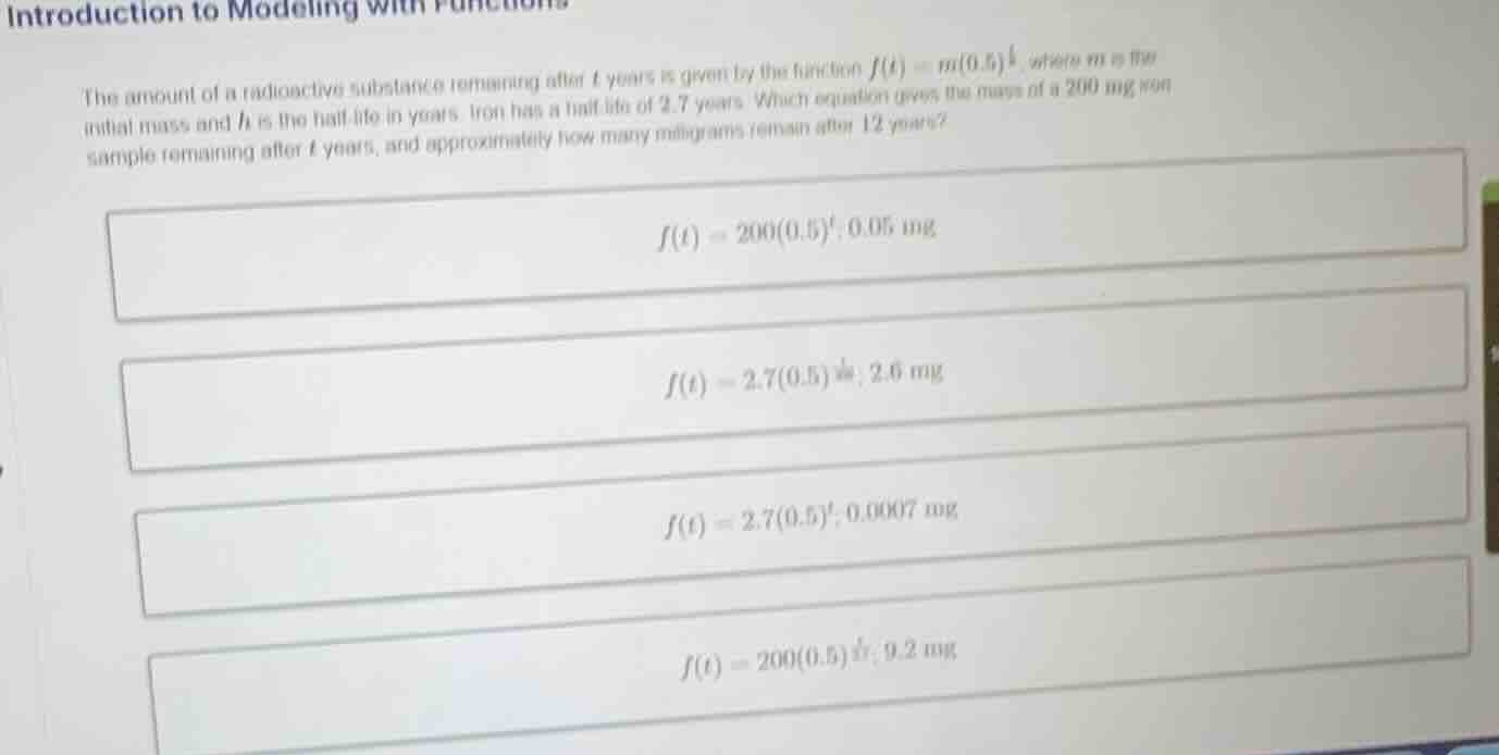 introduction to modeling with functions the amount of a radioactive sub…