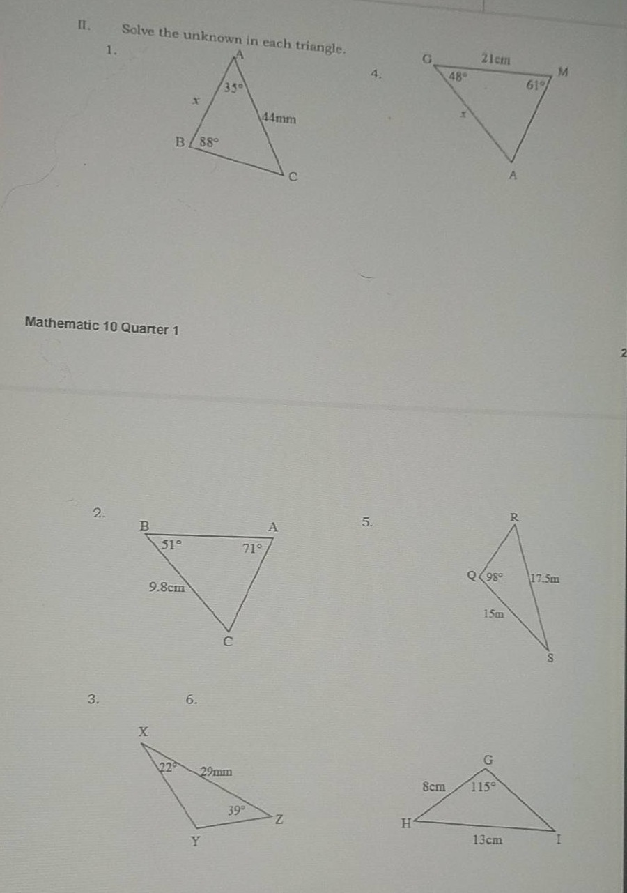 ii. solve the unknown in each triangle. 1. triangle abc with angle a = …