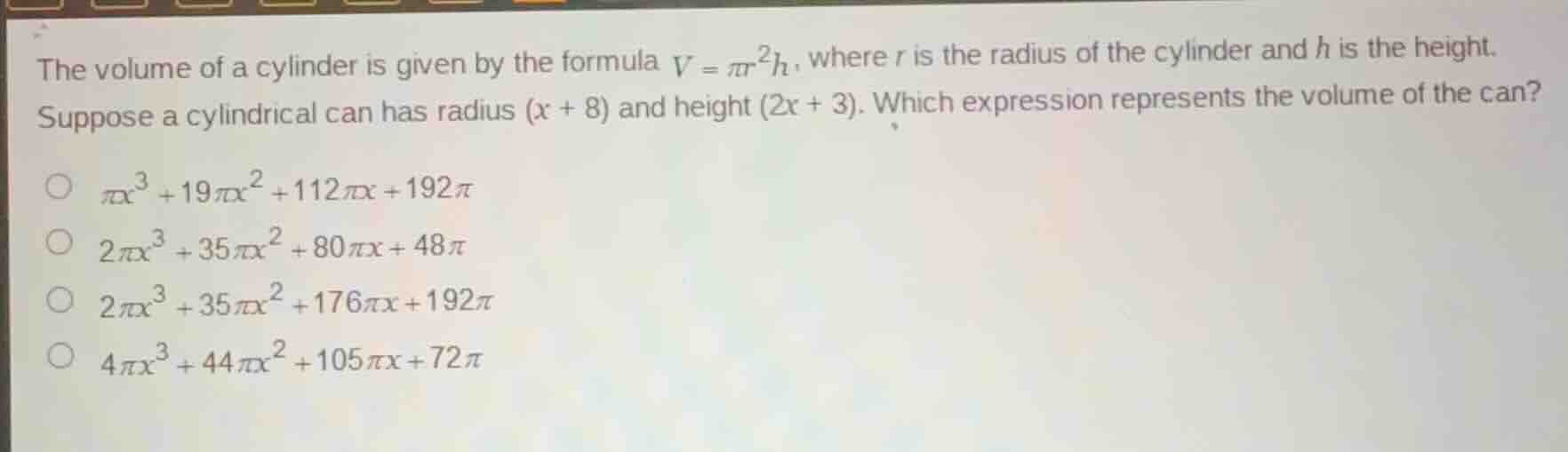 the volume of a cylinder is given by the formula \\(v = \\pi r^2 h\\), …