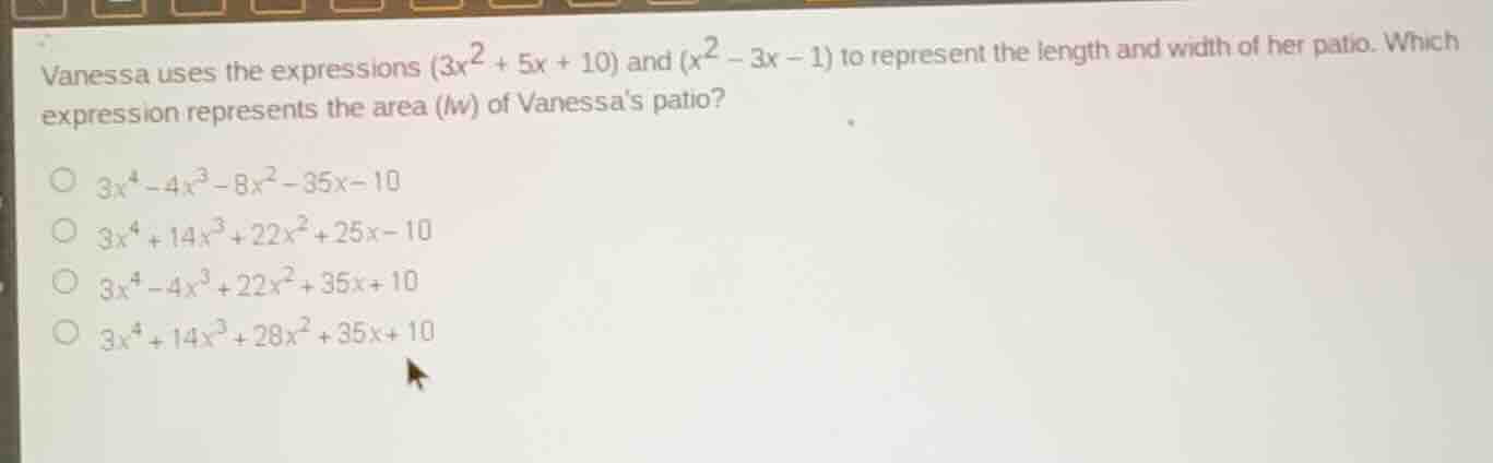 vanessa uses the expressions \\((3x^2 + 5x + 10)\\) and \\((x^2 - 3x - …