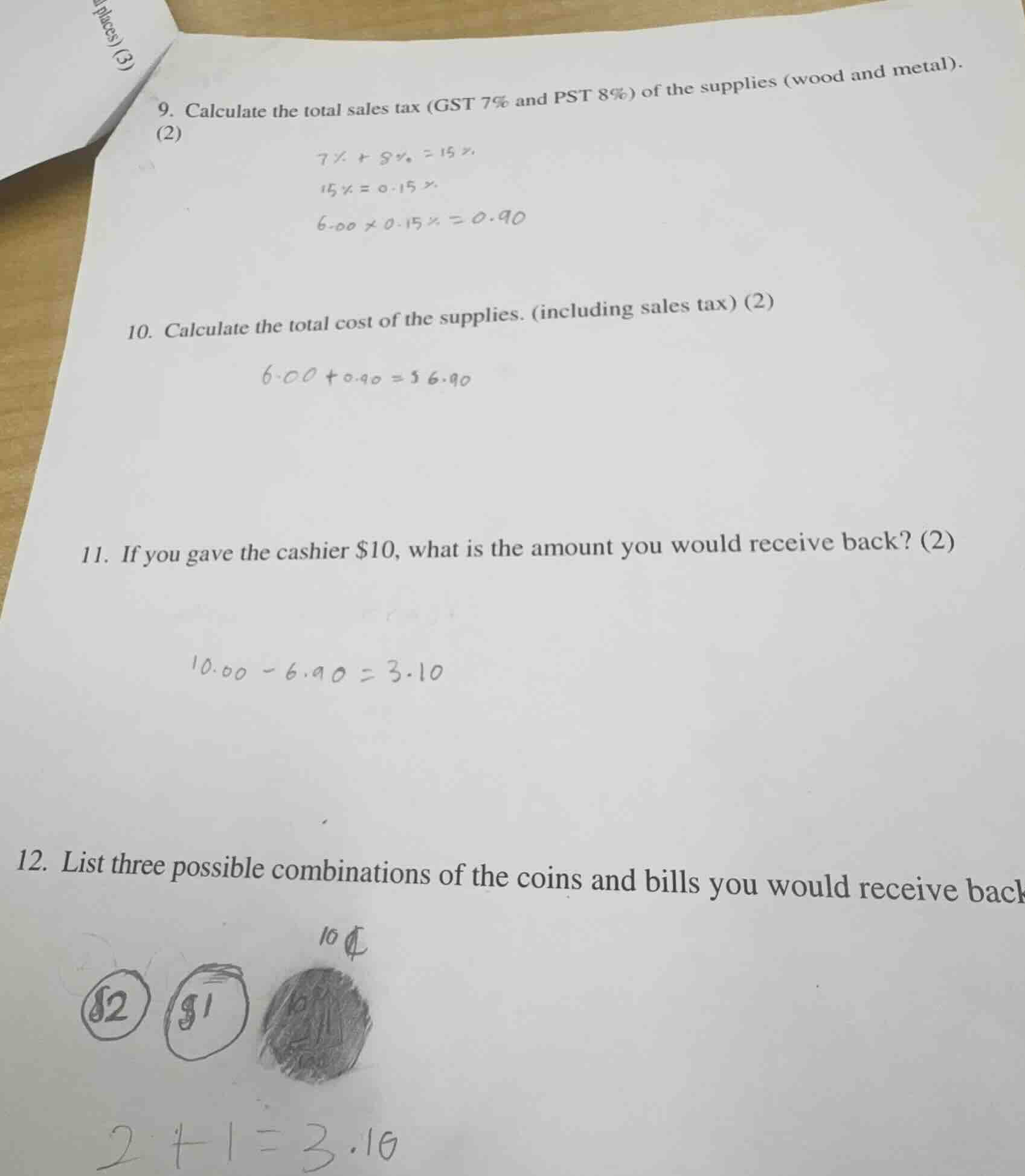 9. calculate the total sales tax (gst 7\\% and pst 8\\%) of the supplie…