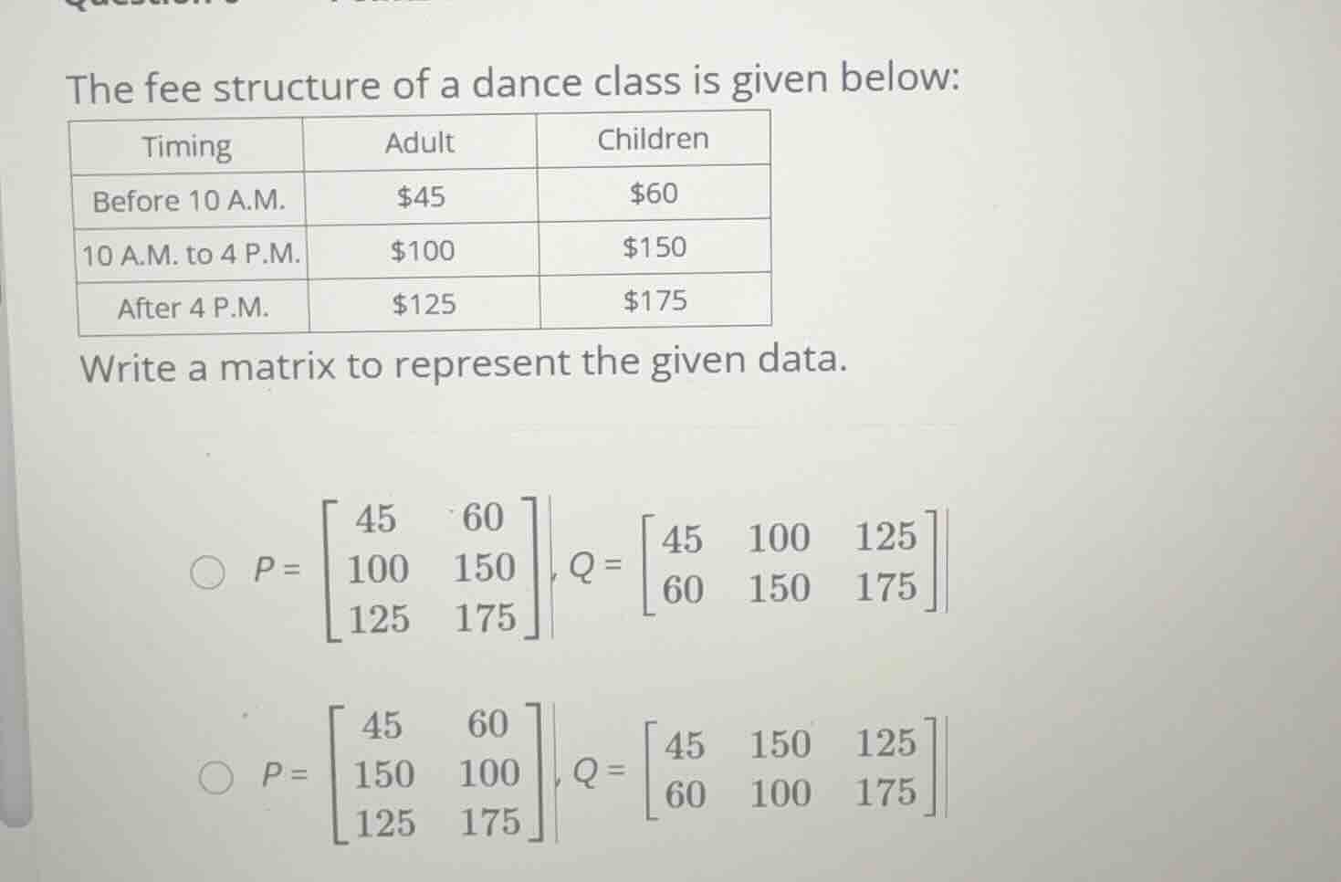 the fee structure of a dance class is given below: \\begin{tabular}{|c|…