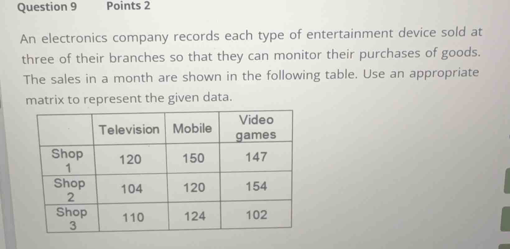 an electronics company records each type of entertainment device sold a…