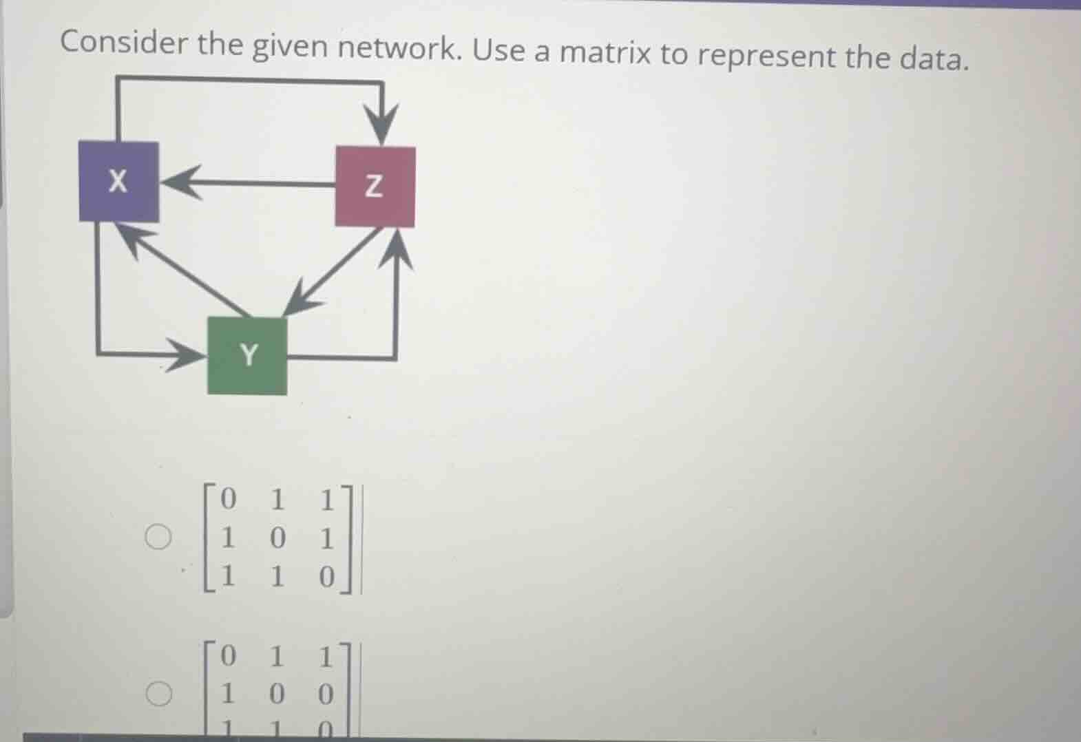 consider the given network. use a matrix to represent the data.