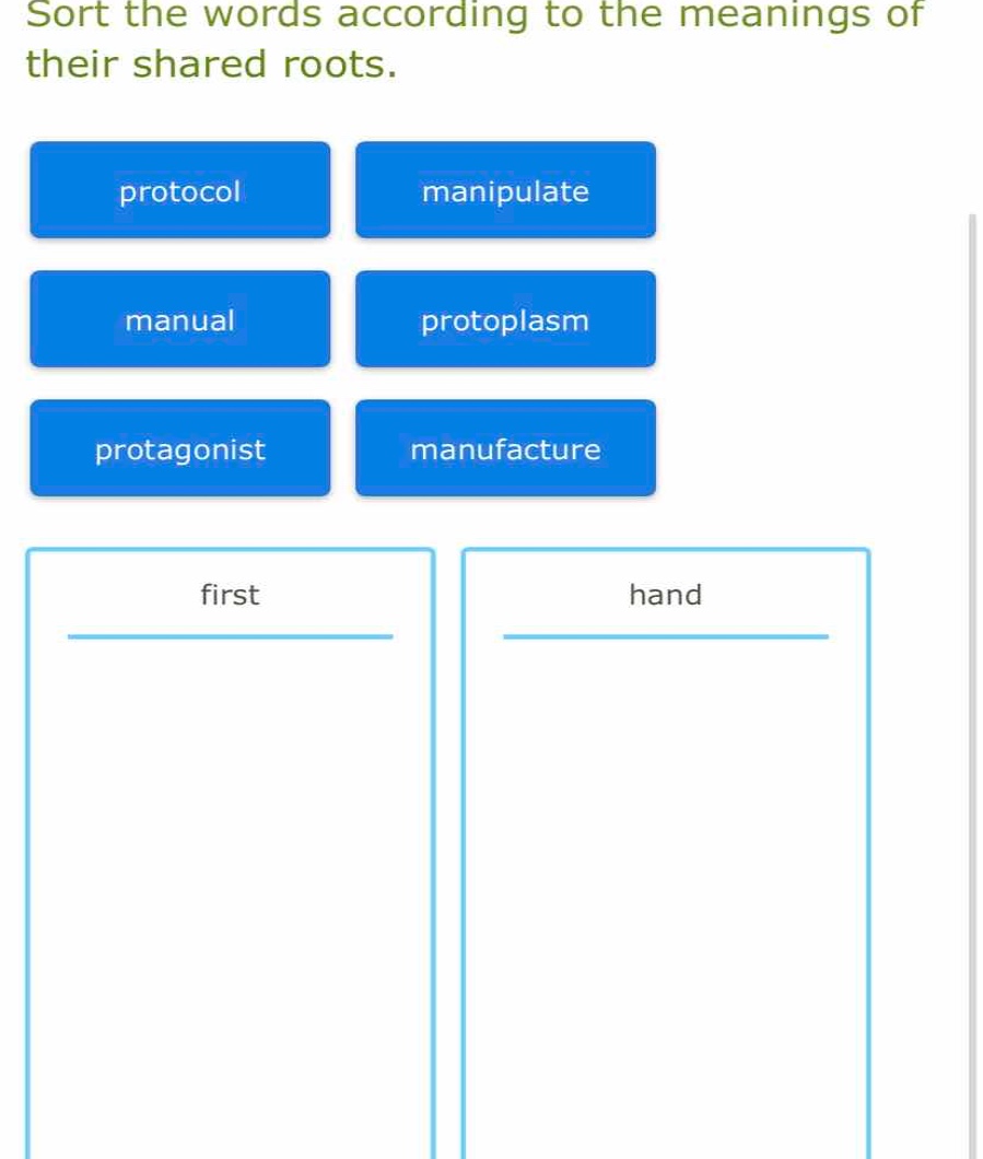 sort the words according to the meanings of their shared roots. protoco…