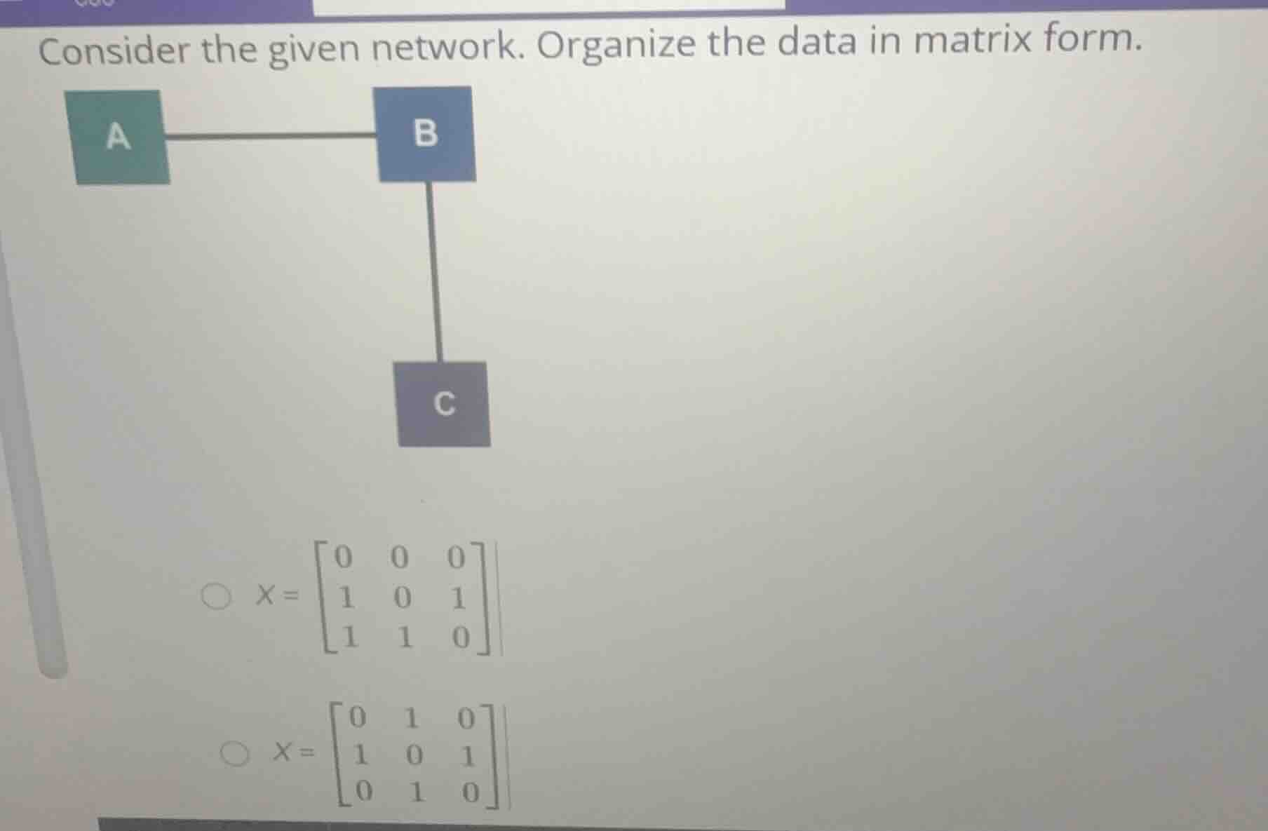consider the given network. organize the data in matrix form. \\( x = \…