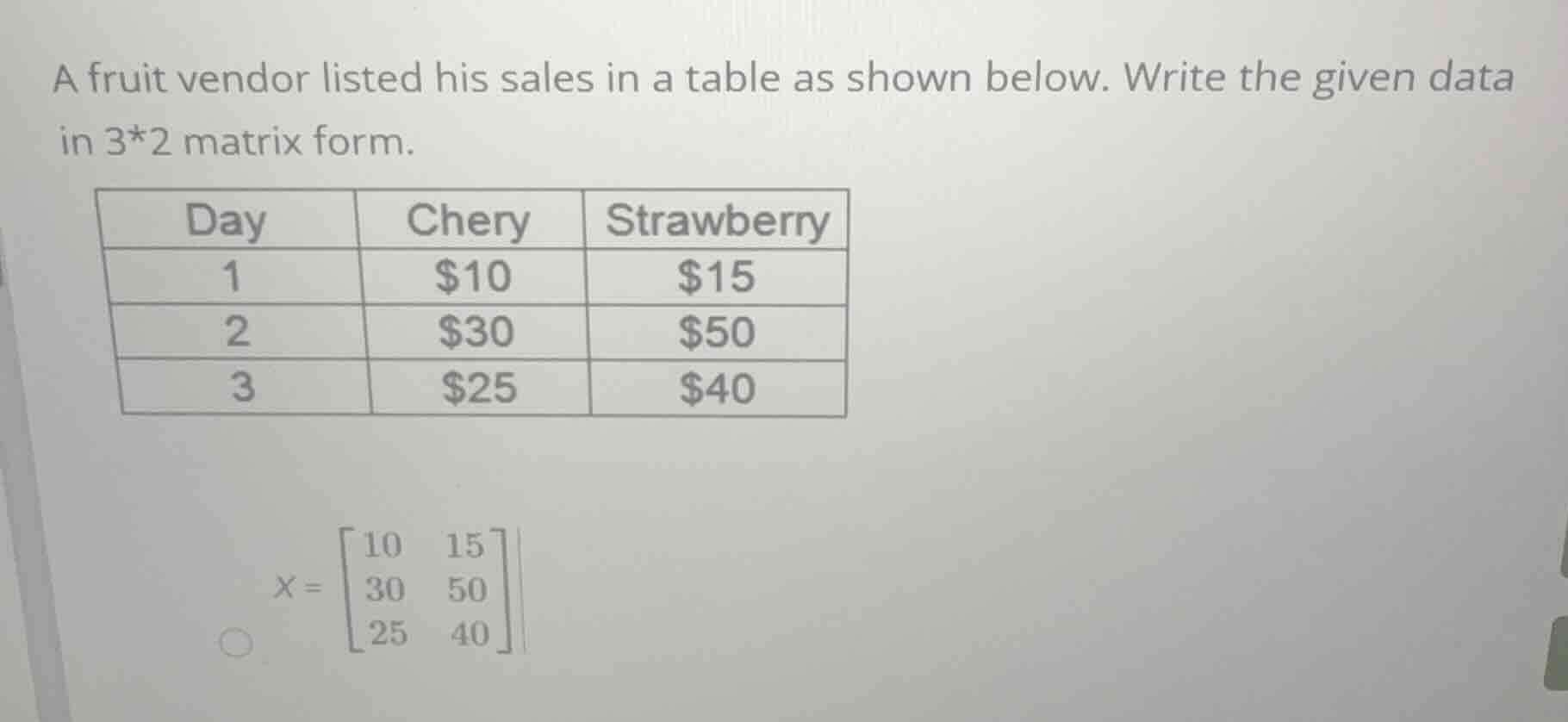 a fruit vendor listed his sales in a table as shown below. write the gi…