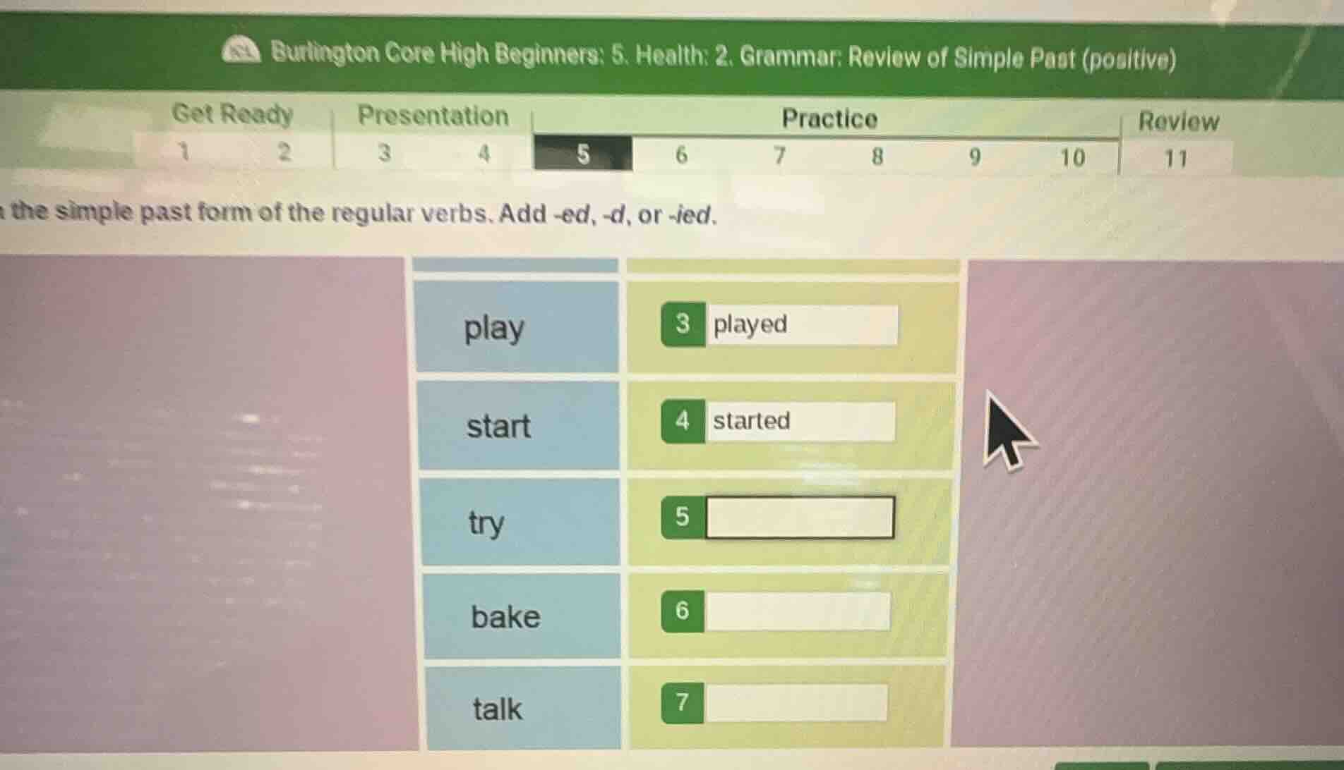 the simple past form of the regular verbs. add -ed, -d, or -ied. play -…