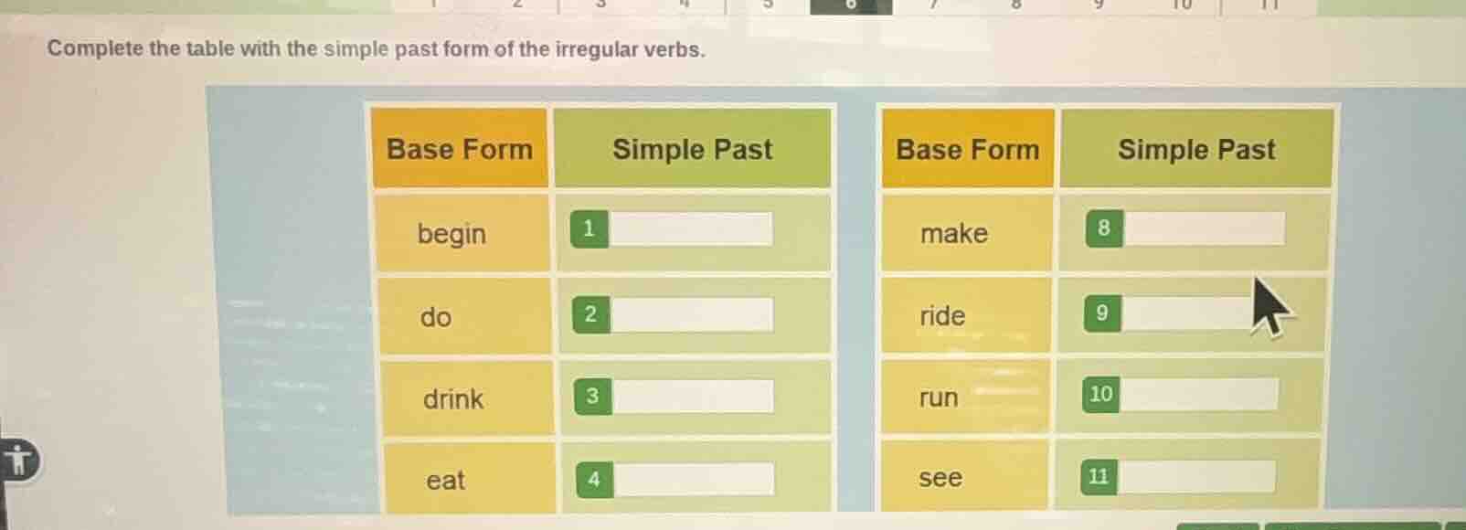 complete the table with the simple past form of the irregular verbs. \\…