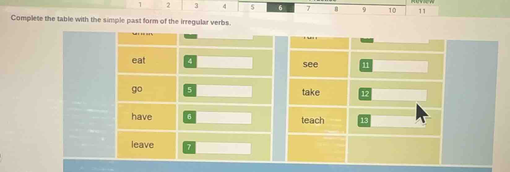 complete the table with the simple past form of the irregular verbs. ea…