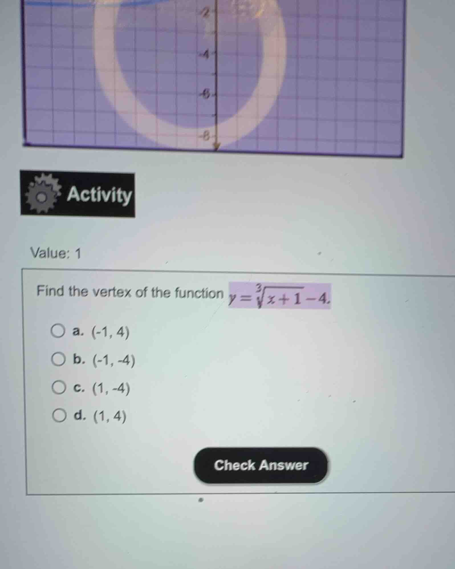 value: 1 find the vertex of the function \\(y = \\sqrt3{x + 1} - 4\\). …