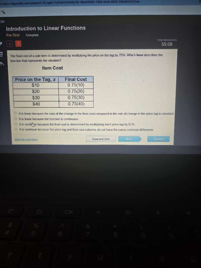 introduction to linear functions pre-test the final cost of a sale item…