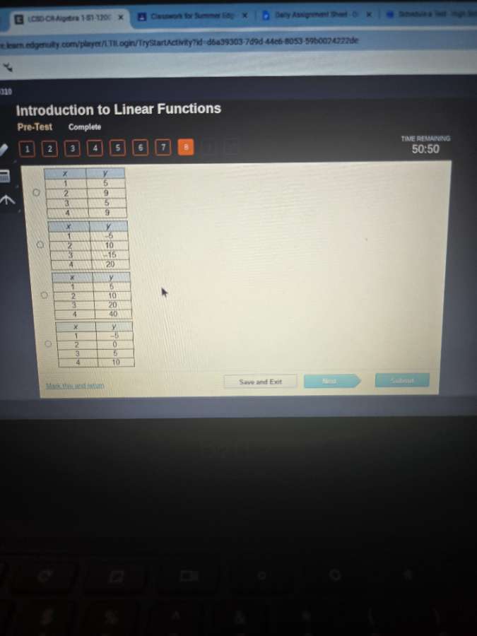 introduction to linear functions pre-test option 1: \\begin{array}{|c|c…