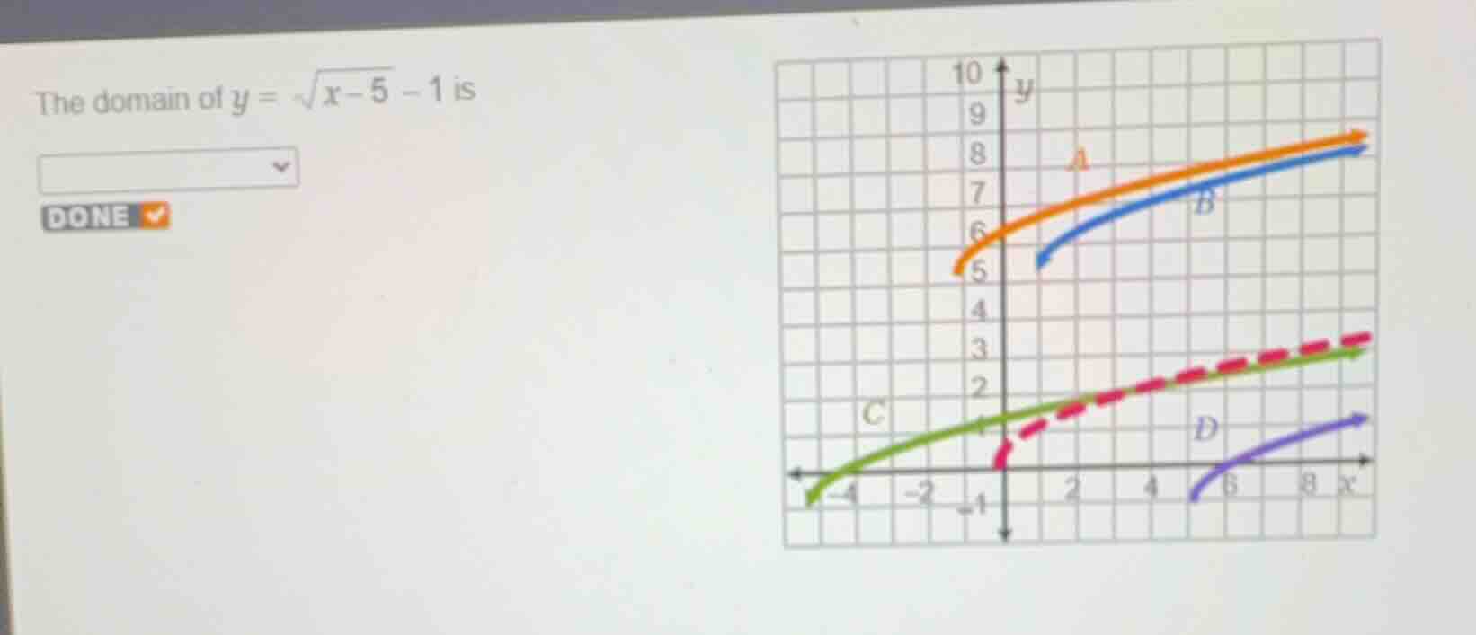 the domain of \\(y = \\sqrt{x - 5} - 1\\) is