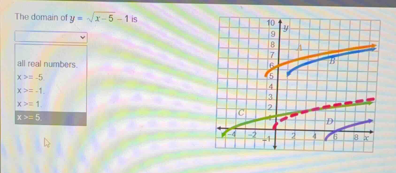the domain of (y = \\sqrt{x - 5} - 1) is all real numbers. (x >= -5). (…
