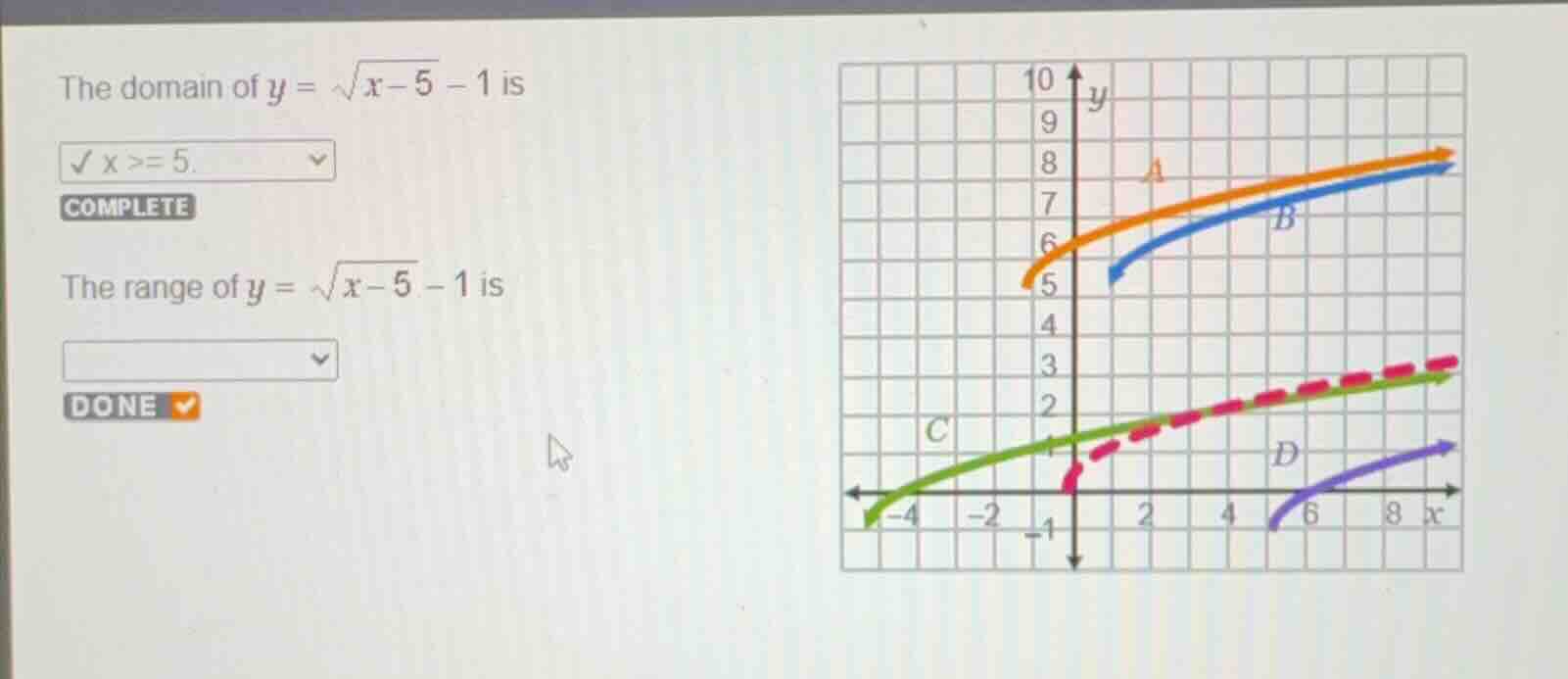 the domain of \\(y = \\sqrt{x-5} - 1\\) is \\(x \\ge 5\\) the range of …