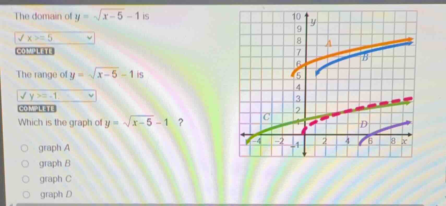 the domain of (y = \\sqrt{x - 5} - 1) is (x \\ge 5) the range of (y = \…
