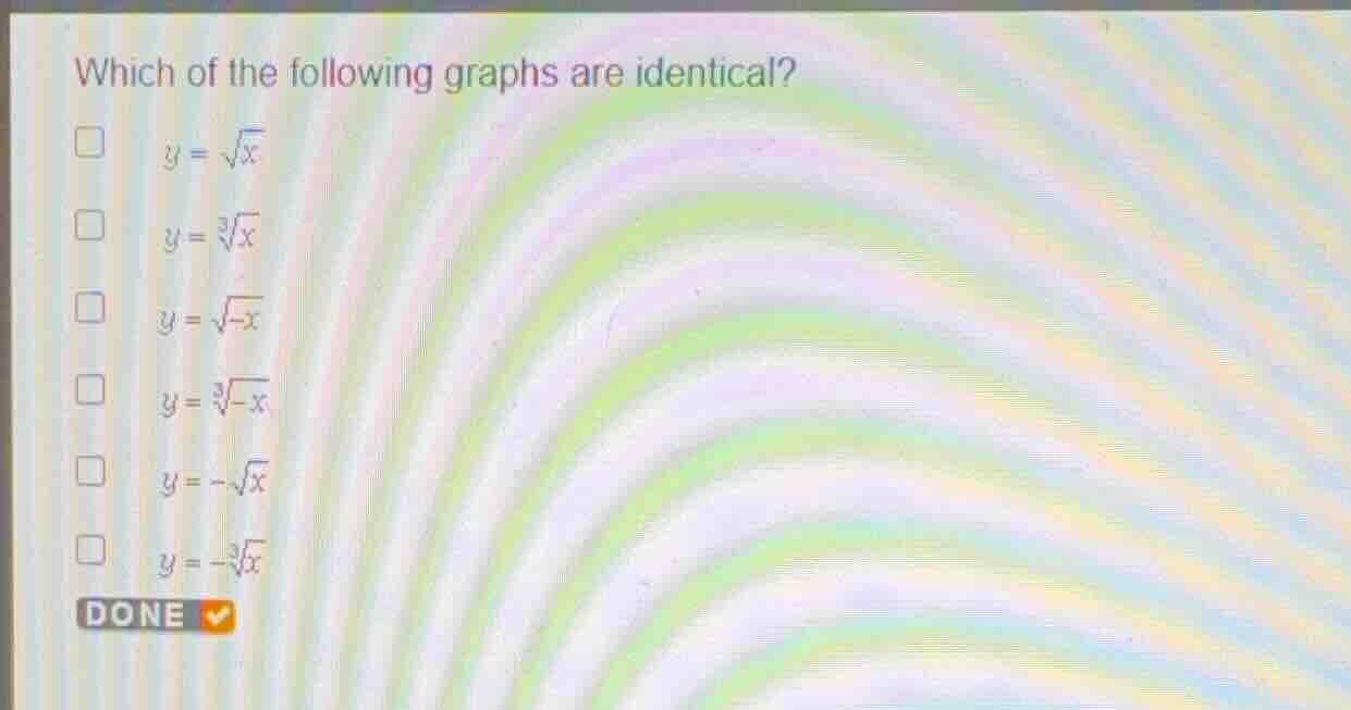 which of the following graphs are identical? \\(y = \\sqrt{x}\\) \\(y =…