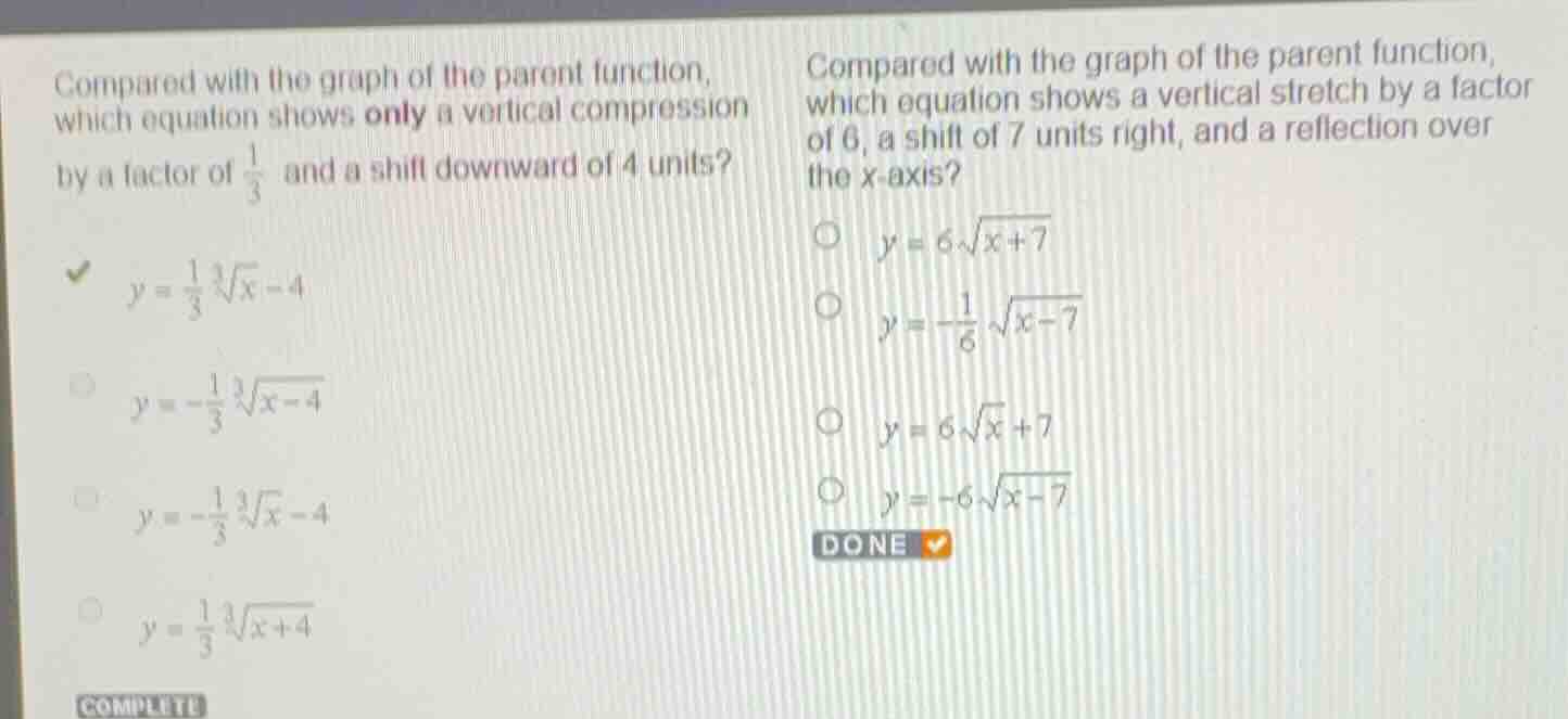 compared with the graph of the parent function, which equation shows on…