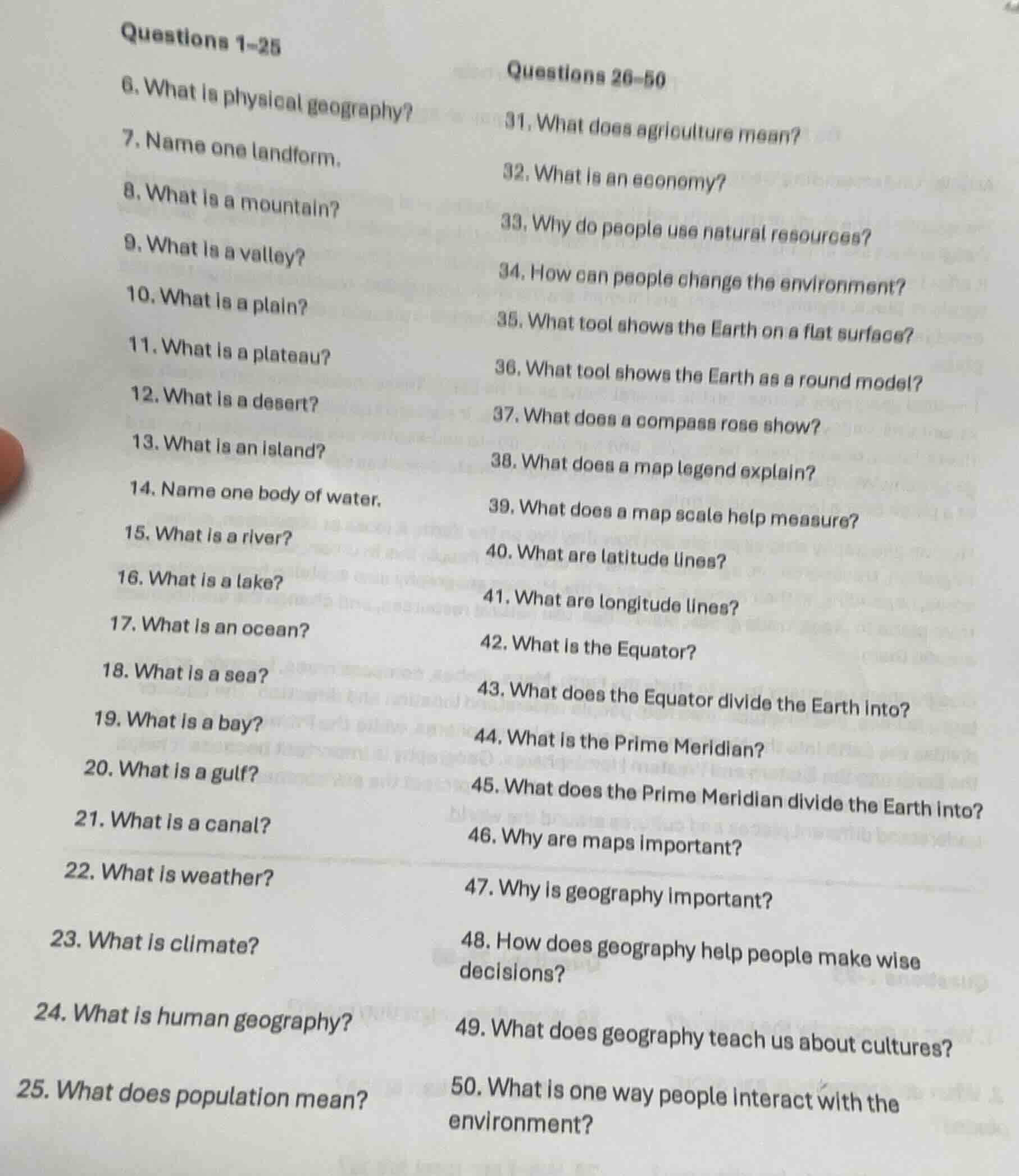 questions 1-25 6. what is physical geography? 7. name one landform. 8. …