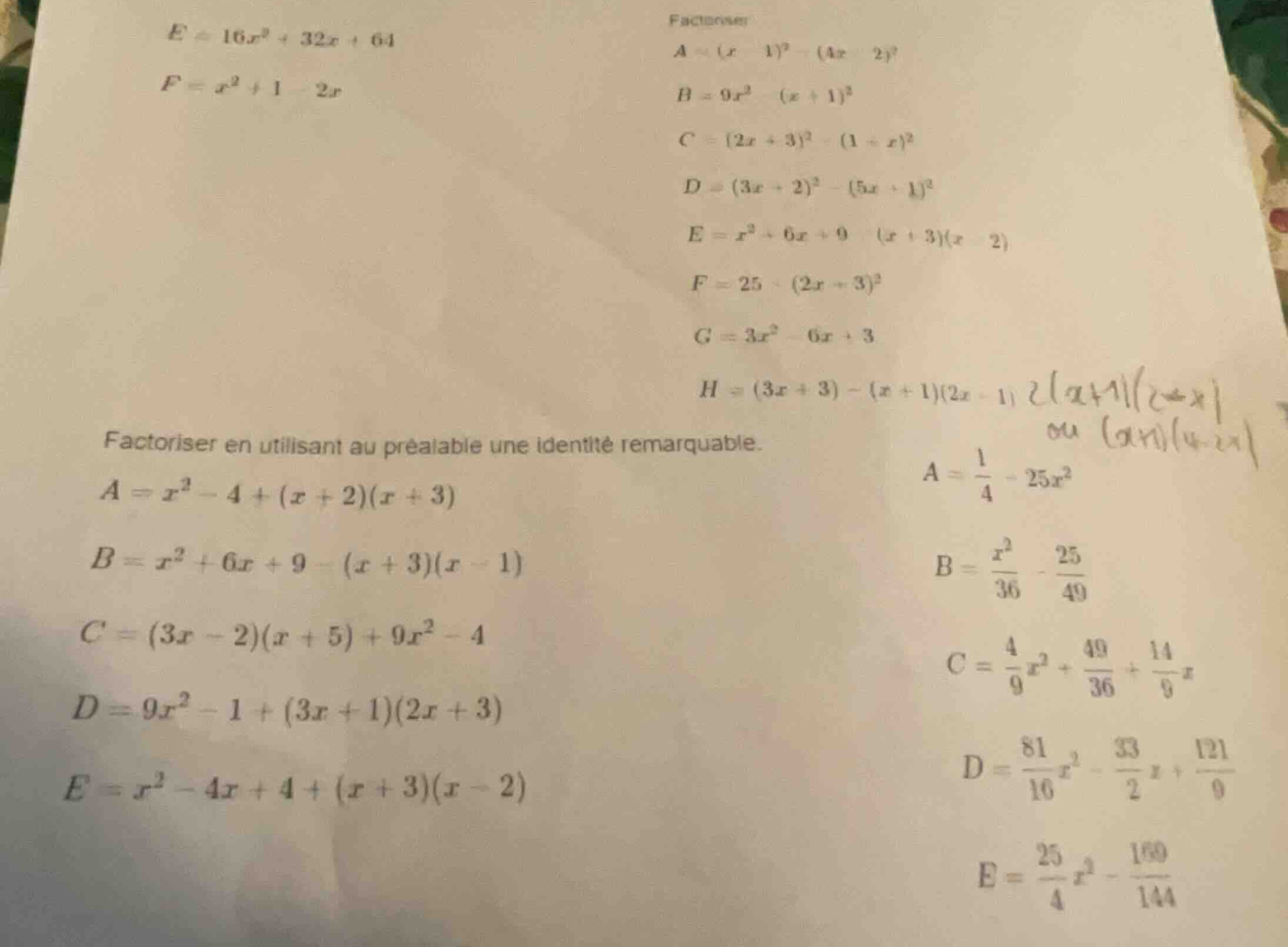 factoriser \\(a = (x - 1)^2 - (4x - 2)^2\\) \\(b = 9x^2 - (x + 1)^2\\) …