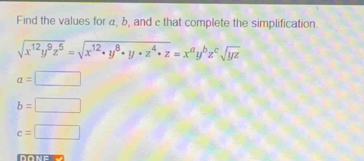 find the values for \\(a\\), \\(b\\), and \\(c\\) that complete the sim…