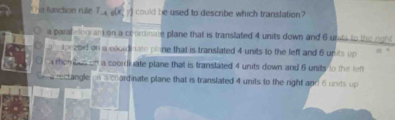 the function rule \\(t_{-4, 6}(x, y)\\) could be used to describe which…