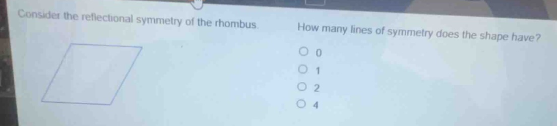 consider the reflectional symmetry of the rhombus. how many lines of sy…
