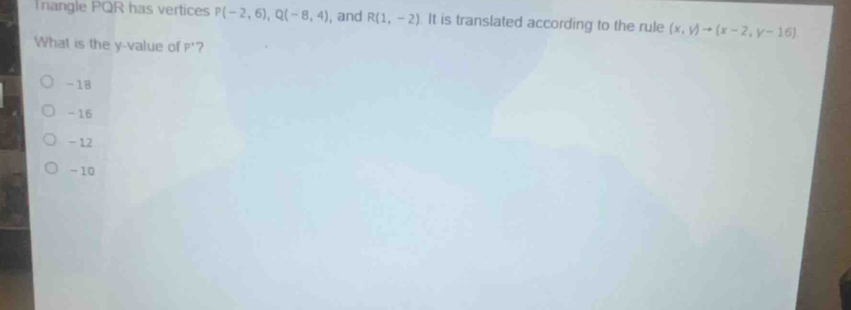 triangle pqr has vertices \\(p(-2, 6)\\), \\(q(-8, 4)\\), and \\(r(1, -…