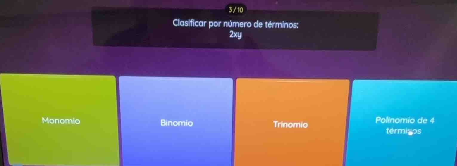 clasificar por número de términos: 2xy monomio binomio trinomio polinom…