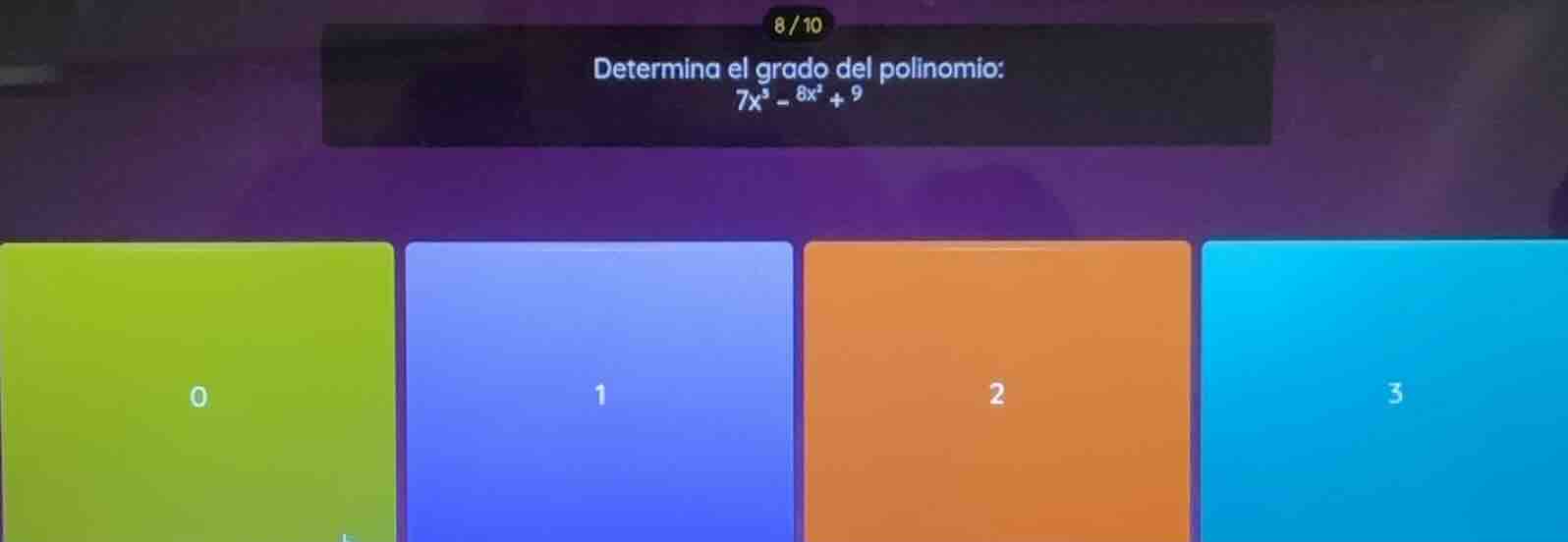 determina el grado del polinomio: \\(7x^3 - 8x^2 + 9\\) 0 1 2 3