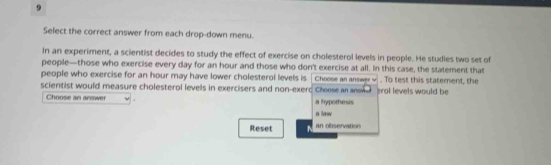 select the correct answer from each drop-down menu. in an experiment, a…