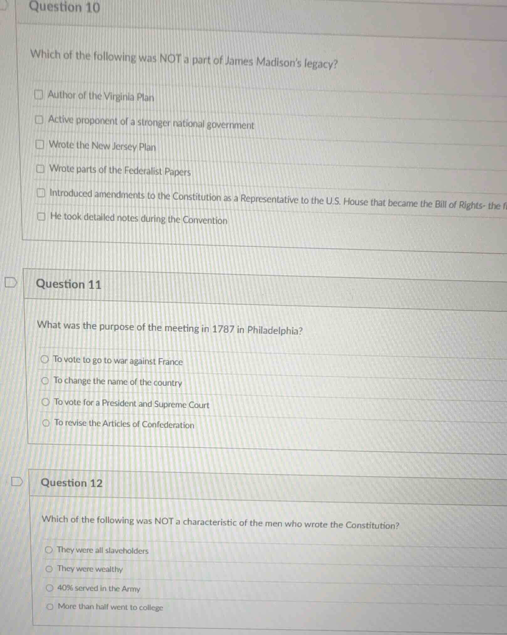 question 10 which of the following was not a part of james madisons leg…
