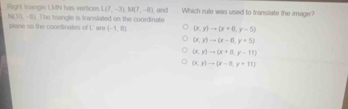right triangle lmn has vertices l(7, -3), m(7, -8), and n(10, -8). the …