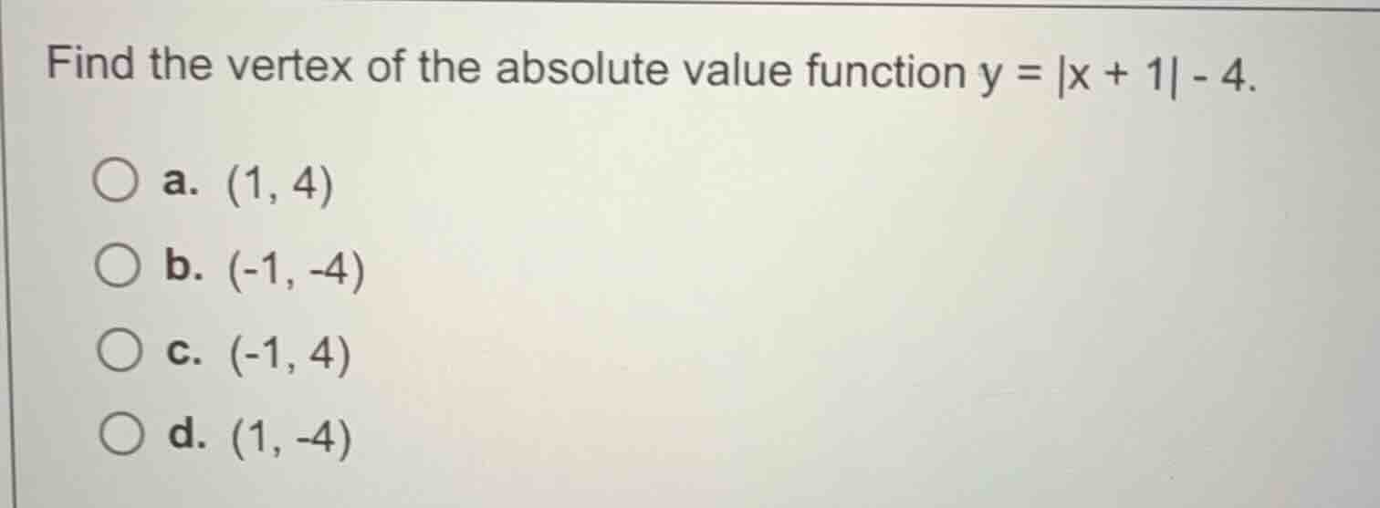 find the vertex of the absolute value function \\(y = |x + 1| - 4\\). a…