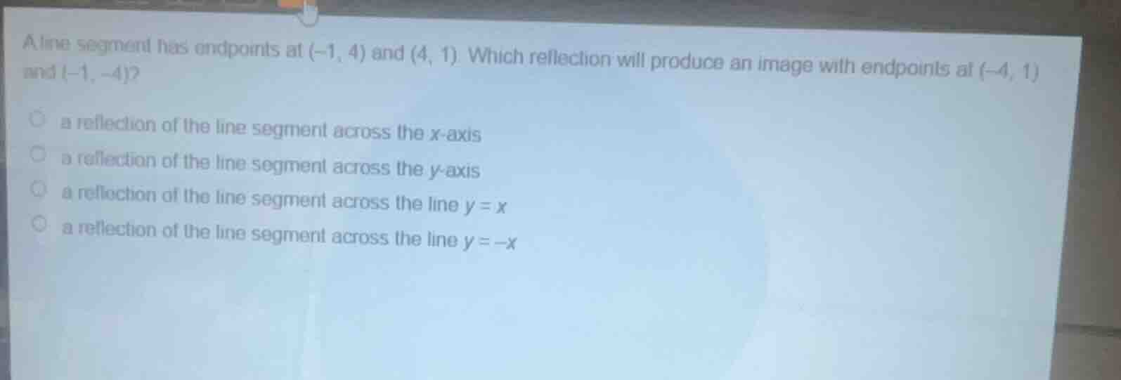 a line segment has endpoints at \\((-1, 4)\\) and \\((4, 1)\\). which r…